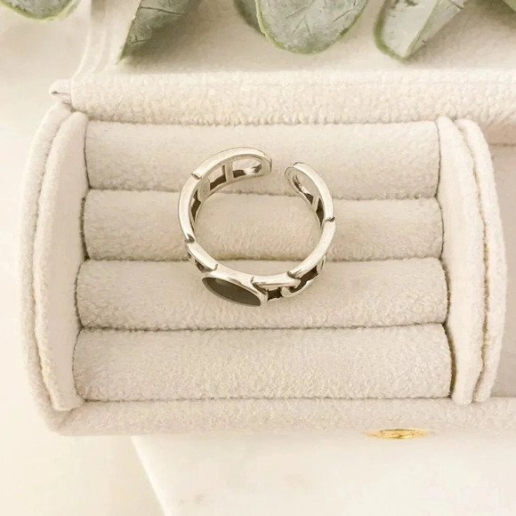 925 Sterling Silver Black Circle Ring Curb Link Ring Chain Link Ring Round Ring - Picture 5 of 9